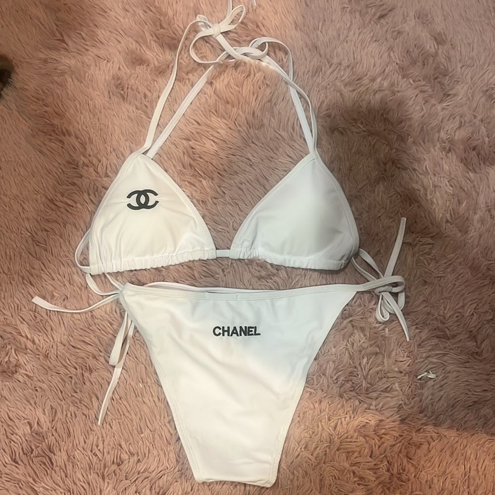 CHANEL White String Bikini Set with Black Logo Accents